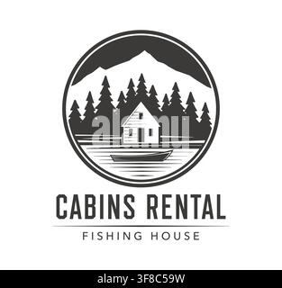 Forest lodge, fishing cabin rent and lake camp icon. Rustic cabin and fishing house rental emblem featuring a lakeside fishing cottage nestled among t Stock Vector