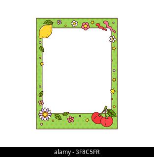 Groovy retro psychedelic frame and cartoon y2k border with green polka dots, lemon and cherry, daisy flowers, stars and leaves. Cute square frame template for summer stationery, party photo framing Stock Vector