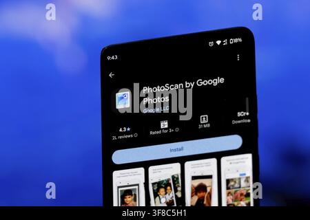 Smartphone screen displaying PhotoScan by Google Photos app ready to install Stock Photo