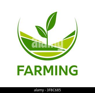 Green farming emblem with young plant sprout growing on cultivated field inside circular frame. Minimalist agriculture symbol featuring fresh leaves and farmland landscape for organic farm and garden Stock Vector