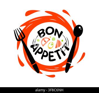 Vibrant kitchen cook icon featuring white plate with bold black typography, fork and spoon. Playful emblem with fried egg, tomato slice and green accents for food service badge or cafe signage Stock Vector