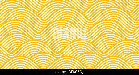 Asian wavy ramen noodles in seamless pattern or yellow Italian pasta spaghetti texture background. Noodles pattern with wave lines of Chinese or Japanese udon and Italian pasta spaghetti vermicelli Stock Vector