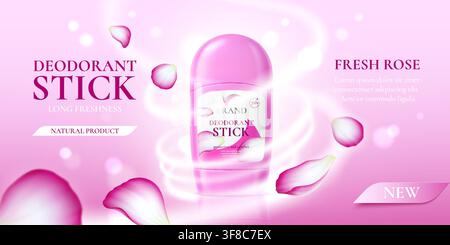 Realistic dry deodorant stick bottle, perfume cosmetics with roses scent. Ads banner with 3d pink antiperspirant among rose petal and soft glow suggests longlasting freshness, protection, natural care Stock Vector