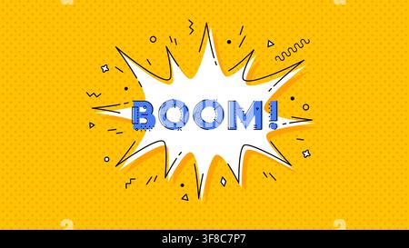 Comics boom bubble effect background. Speech cloud with pop art explosion, and halftone dots on yellow bg. Superhero sound blast with bold text for comic books, , advertising and promo announcements Stock Vector