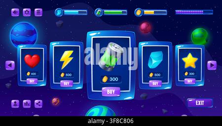 Game shop interface window with space icons, store panel ui and sale board frame, loading bars. Cartoon gui kit for futuristic cosmos mobile game store and inventory system with purchase controls Stock Vector
