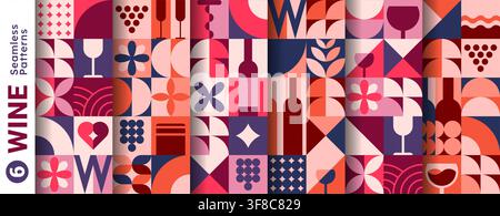 Wine, winemaking and winery geometric seamless patterns. Modern abstract seamless pattern set featuring bottles, glasses, grape clusters and floral motifs in purple and peach tones for textile prints Stock Vector