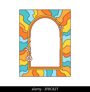 Groovy retro psychedelic color wavy frame and cartoon hippie y2k border with arched opening and daisy flowers evoking 1960s hippie and Y2K nostalgia. Quirky decorative border for playful photo layouts Stock Vector