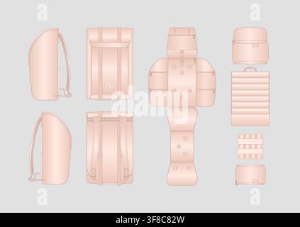 Premium Multi-Compartment Travel Backpack Design with Detailed Technical Views Stock Vector