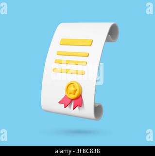 3D education diploma, achievement certificate, graduate and qualification document scroll with gold star medal and ribbon conveying recognition, graduation, success for education award and celebration Stock Vector