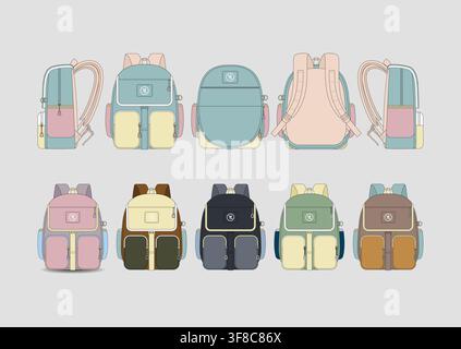 Modern Children’s School Backpack Design with Multi-Compartment Storage, Dual Front Pockets, Side Pouches and Adjustable Padded Straps Stock Vector