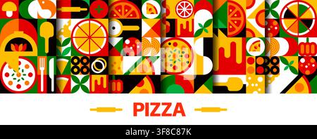 Italian pizza geometric fastfood seamless patterns set. Mosaic tiles with pizza slices and Italian ingredients like tomato, basil, cheese and pepperoni with utensils, oven, rolling pin or pizza cutter Stock Vector