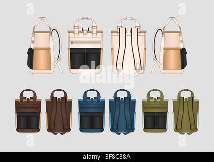 Modern Adult Fashion Backpack Design with Structured Silhouette, Dual Front Utility Pockets, Adjustable Shoulder Straps and Premium Color Variations Stock Vector