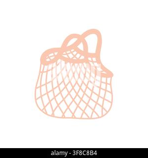 Soft peach pink mesh net market shopping bag vector illustration. Eco-friendly reusable string tote isolated on white background Stock Vector