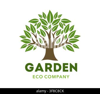 Park garden and forest tree or plant icon with green leaves. Garden emblem featuring lush tree with brown trunk, spreading branches and green leaf canopy for landscaping services or garden centers Stock Vector