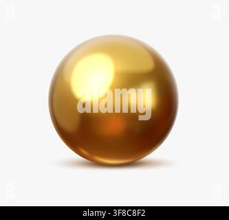 3D golden metal and pearl ball, bubble glossy chrome sphere. Shiny gold globe on white background showcasing smooth metallic surface. Isolated glossy yellow luxury chrome ball, bead or orb molecule Stock Vector