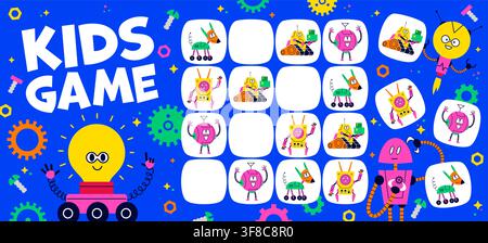 Kids sudoku maze game with funny robots and droids or robotic bot characters. Sudoku game or cut and glue worksheet and puzzle quiz for children with cartoon robots transformers for intellectual play Stock Vector
