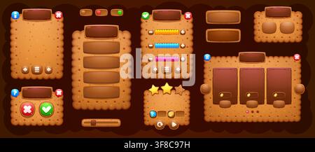 Cracker cookie game shop window UI panels and interface with loading bar. Biscuit menu board frames and windows for mobile game shop or store items with cracker cookies and buy elements buttons Stock Vector