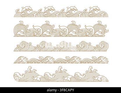 Retro Asian golden wave borders, ornamental sea motifs with linear strokes. Gold Japanese, Chinese traditional coastal vintage patterns, oriental frames for New Year decoration, textures or dividers Stock Vector