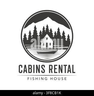 Forest lodge, fishing cabin rent and lake camp icon. Rustic cabin and fishing house rental emblem featuring a lakeside fishing cottage nestled among tall pine trees with a boat evoking nature escape Stock Vector