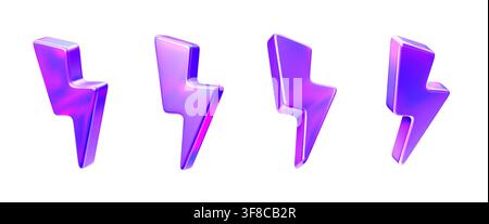 3D hologram lightning icons, rainbow thunder bolt and energy arrows. Abstract glass glossy purple gradient flash light, symbol of speed, battery charge, electric power indicator for mobile app or game Stock Vector