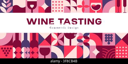 Wine banner with geometric pattern featuring wine glasses, bottles and grape mosaic motifs in warm pink and burgundy tones conveying celebration, alcohol tasting, event promotions and hospitality Stock Vector