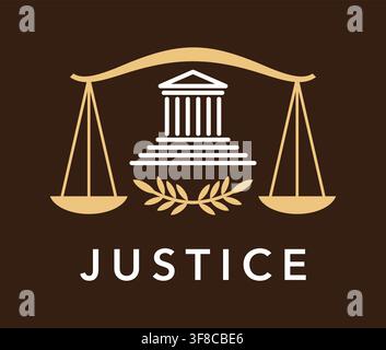 Golden justice law firm symbol featuring scales of justice, courthouse building and laurel wreath on brown background. Professional attorney and lawyer emblem for law offices and judicial institution Stock Vector