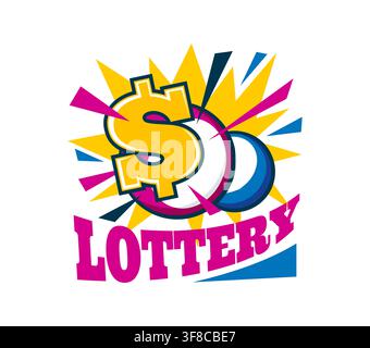 Lottery bingo and lotto winner icon with lucky balls and yellow dollar symbol, radiant starburst background conveying jackpot excitement and celebration for bingo and lotto winner announcement Stock Vector