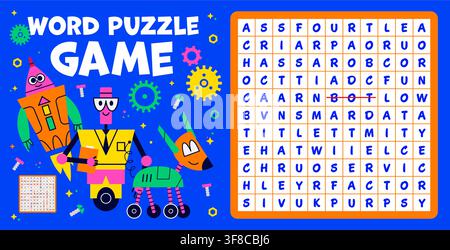 Kids word search puzzle quiz game with cartoon funny robot droids. Educational activity design feature robot characters, gear decorations and orange grid with highlighted word for school worksheets Stock Vector