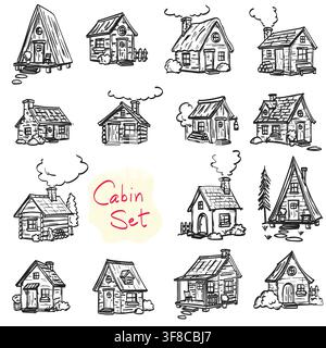 set of wooden cabin illustration drawing vector isolated on white background Stock Vector