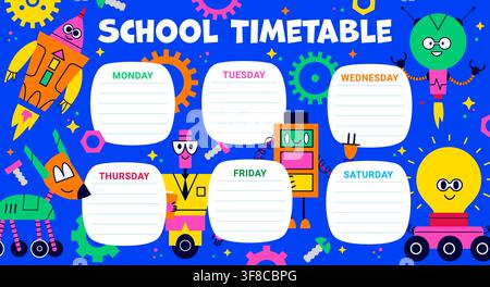 School education timetable schedule with funny robot droids. Kids course weekly planner, lesson timetable or student activity schedule with cartoon cute robot droids and AI bot toy characters Stock Vector