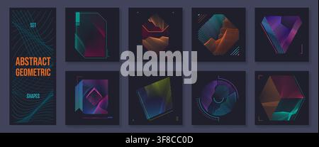 Abstract geometric posters with mosaic wireframe grid or casual artwork banners. Abstract geometric posters with 3D geometry objects in neon wire frame lines of cubes or globe figure symbols Stock Vector
