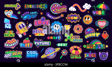 Trippy groovy y2k stickers, funky hippie patch labels of vector cool summer emojis. Retro hippie sun, ice cream, rainbow and cloud characters stickers pack with psychedelic patterns and groovy shapes Stock Vector