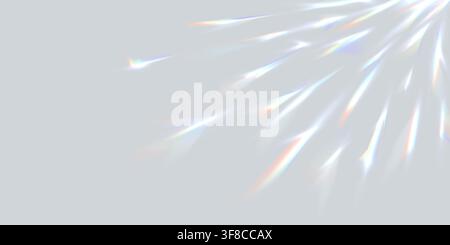 Prism light shadow, party disco ball reflections background. Abstract soft grey bg with discoball light patterns. Rainbow hologram effect, sparkling flare leak overlay. Sunlight refraction texture Stock Vector