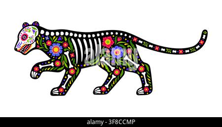 Jaguar animal skeleton tattoo of Mexican Day of the Dead. Sugar skull jungle animal figure decorated with floral alebrije ornaments, bones and skeletal pattern inspired by traditional Mexican folk art Stock Vector