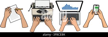 Handiwork of daily life. The evolving methods of human communication, from traditional hand writing to texting on a cellular phone. Stock Vector