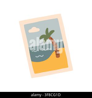 Instant photo print of tropical beach with palm tree vector illustration. Perfect for travel memories, vacation picture, summer holiday, and retro Stock Vector