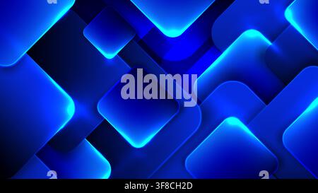 Abstract blue neon background with futuristic glowing geometric rounded squares overlapping with dark shadows and light effect modern digital tech pat Stock Vector