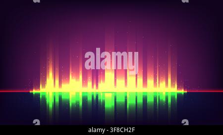 Abstract vibrant sound wave equalizer background with glowing neon vertical bars sparkling particles light reflection audio spectrum visualizer illust Stock Vector