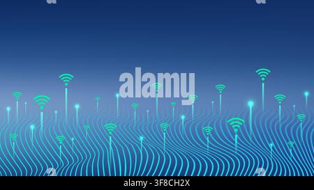 futuristic blue background with bright green wifi icons and glowing nodes on flowing cyan lines symbolizing global wireless network connectivity in mo Stock Vector
