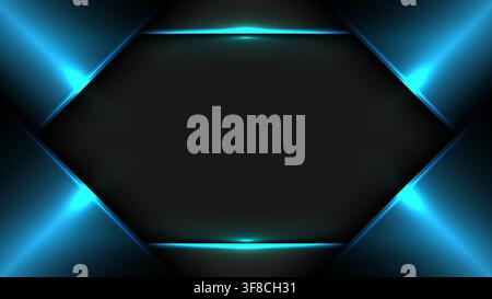 Dark futuristic technology background with metallic blue geometric layers bright cyan neon glowing border and empty central hexagonal frame for gaming Stock Vector
