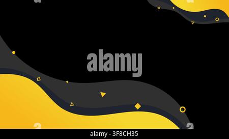 Abstract dark background vibrant yellow fluid waves with smooth dark grey layered curves and small floating yellow geometric elements for modern banne Stock Vector