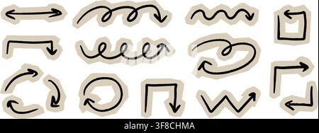 Scrapbook paper arrow sticker set. Cut out collage direction element collection. Hand drawn crayon doodle arrows bundle. Craft grunge brush stroke pointer pack for diy zine, poster, banner. Vector Stock Vector