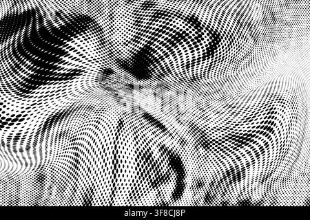 Warped halftone dots on white background creating a distorted wavy texture for modern graphic design backgrounds. Stock Photo