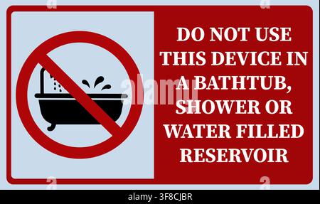 Warning sign prohibiting device use in bathtub shower or water reservoir with boat icon Stock Vector