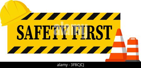 Safety first warning sign with construction barriers and cone on isolated white background Stock Vector