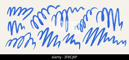 Blue brush stroke scribble set. Hand drawn pen scrawl doodle collection. Freehand rough pencil crayon squiggle pack. Messy charcoal sketch swirl bundle. Bold ballpoint curly marks. Vector Stock Vector