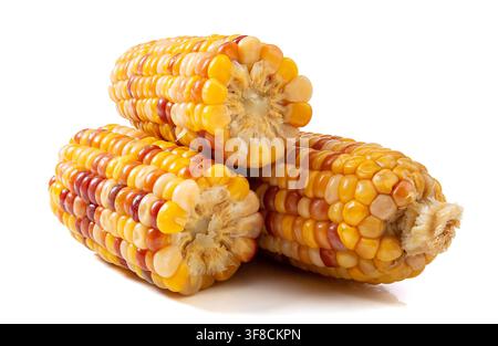 Boiled multicolored waxy corn cobs and cut segments isolated on white background Stock Photo