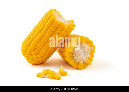 Boiled yellow waxy sweet corn cobs stack isolated on white background Stock Photo