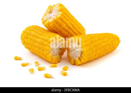 Boiled yellow waxy sweet corn cobs stack isolated on white background Stock Photo