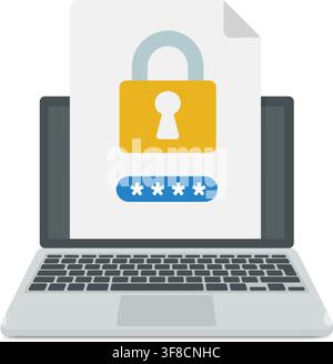 Document encryption icon on laptop screen with lock and password symbols representing file protection and secure access. Stock Vector